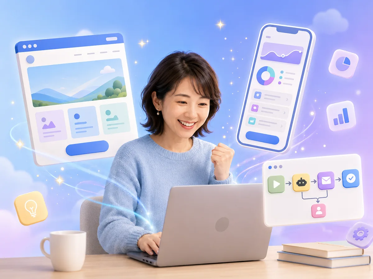 ノートパソコンで自分のアプリやWebサイトを作る、クロラボ受講生のイメージ